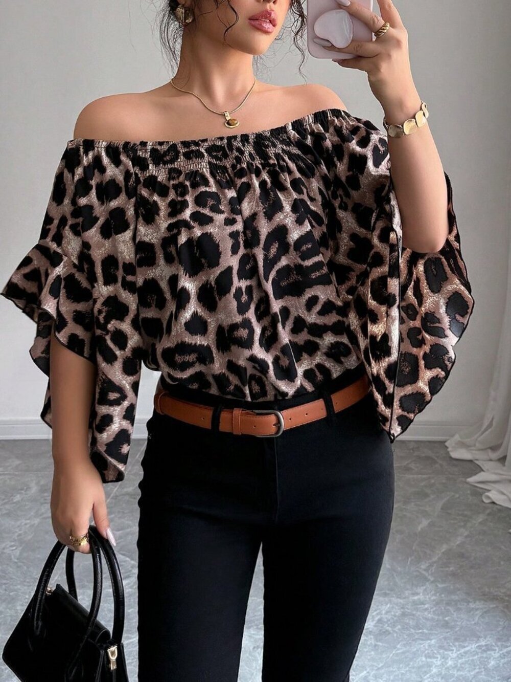 Multicolor Casual Women's Leopard Print Off Shoulder Flare Sleeve Blouse